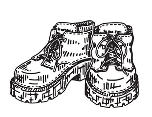 Trekking shoes sketch. Clipart of retro style hiking boots. Hand drawn vector illustration isolated on white.