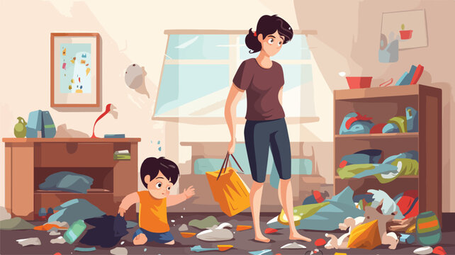 Woman looks at messy kids room and boy. Flat vect