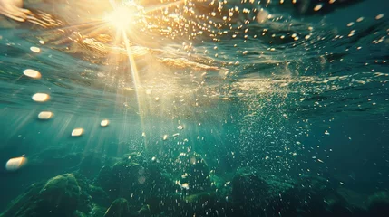 Schilderijen op glas Sunlight underwater with bubbles rising to water surface in the sea © buraratn