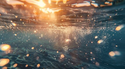 Sunlight underwater with bubbles rising to water surface in the sea - obrazy, fototapety, plakaty