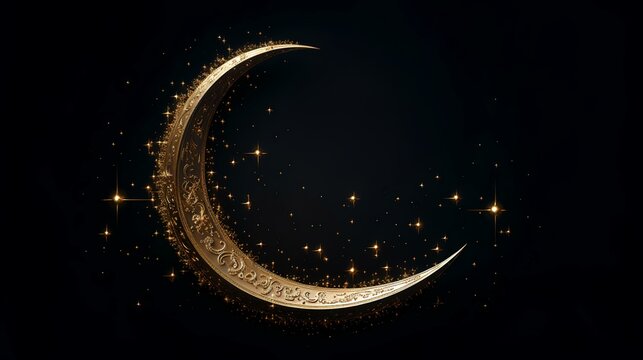 Ramadan Kareem greeting card with golden crescent moon and stars