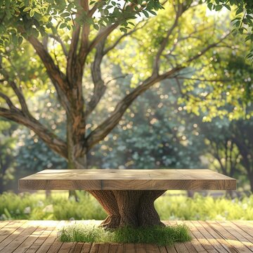 Tree Table wood Podium in farm display for food, perfume, and other products on nature background, Table in farm with grass, Sunlight at morning
