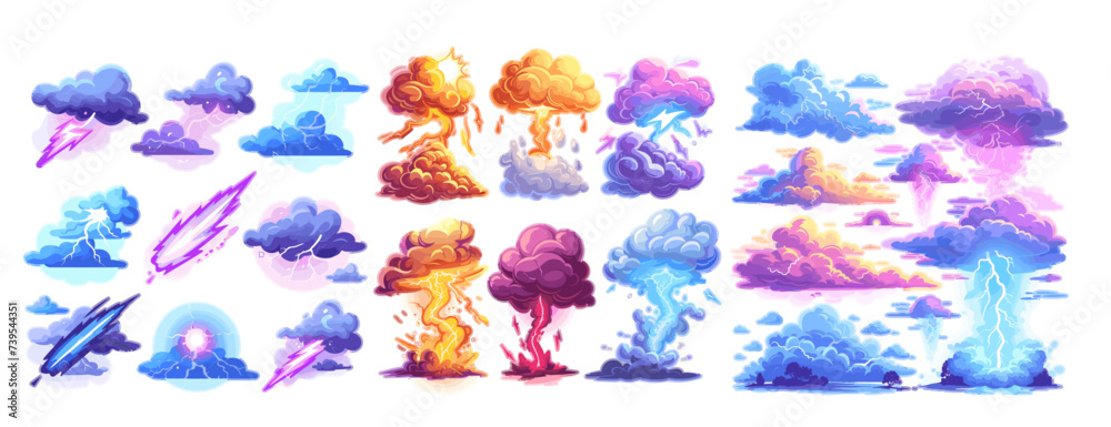 Sticker lightning strike with clouds vibrant set in cartoon style. various colors, expressive shapes, thunde