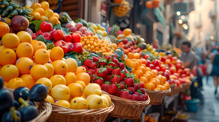 A vibrant street market with colorful fruit stands and busy shoppers, Vibrant Style