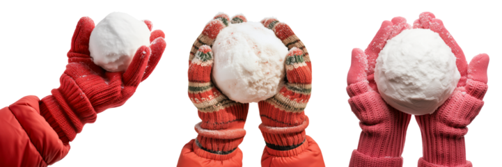 Set of different hands with snowballs close-up isolated on a white or transparent background. Snowballs in the hands in warm red and pink gloves holding round snowballs in close-up