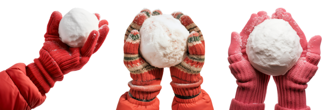 Set of different hands with snowballs close-up isolated on a white or transparent background. Snowballs in the hands in warm red and pink gloves holding round snowballs in close-up