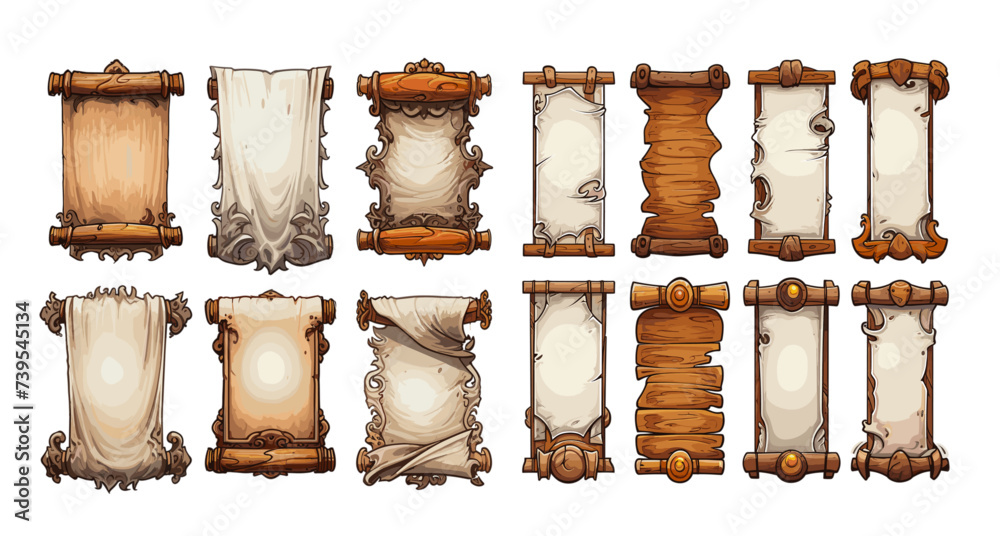 Poster magic scrolls with empty space for text. accessories for game design, paper spell elements, ui asset