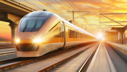 Naklejka premium High speed train in motion on the railway station at sunset. Fast moving modern passenger 