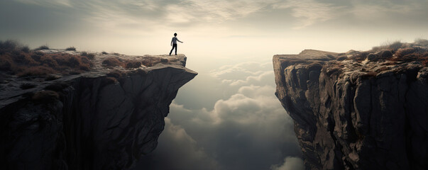 Person standing alone on the edge of the high cliff. Mental health for suicide prevention. - obrazy, fototapety, plakaty