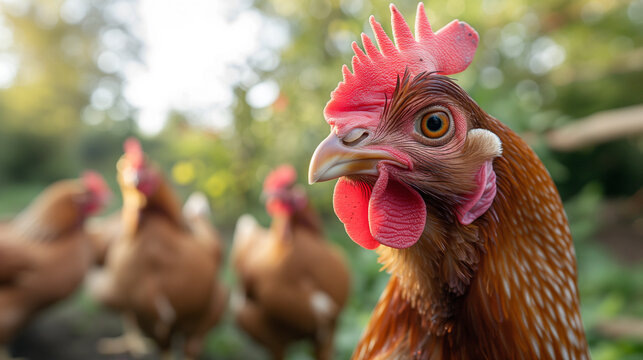 Portrait of a red chicken on farm. Curious.
