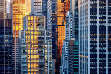 conjunto de rascacielos del centro financiero de una ciudad moderna, al atardecer, con el sol reflejado sobre las fachadas de los edificios - obrazy, fototapety, plakaty
