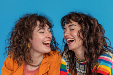Fototapeta premium Pareja de mujeres jovenes y bellas posando juntas y sonrientes sobre fondo azul