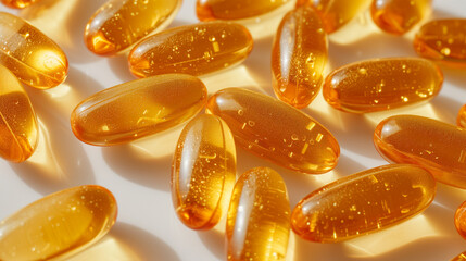 Vitamins in gel capsules on white background. - obrazy, fototapety, plakaty