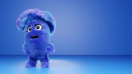 Blue fluffy cartoon character Funny dancing furry creature. 
