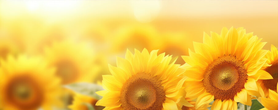 Yellow sunflower against sunflowers background.