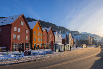 Bergen waterfront cityscape.with pucturesque bryggen houses in colorful theme in front of the...
