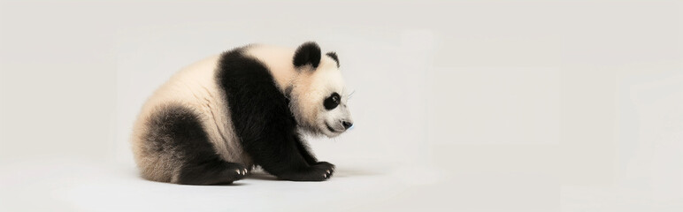 Fototapeta premium Baby panda side view on white background. Generative AI
