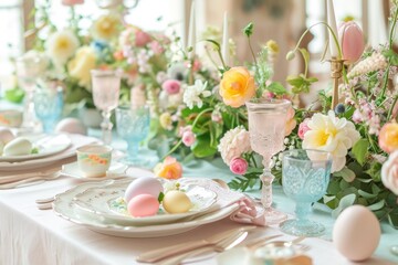 Pastel Easter table setting with floral arrangement, colored eggs, and vintage glassware - obrazy, fototapety, plakaty