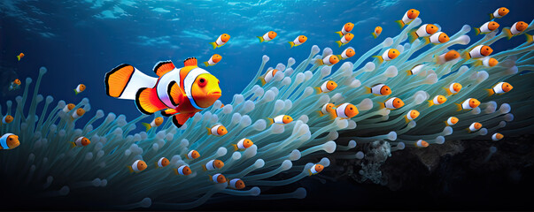 Clown fish swimming near corals. copy space for text.