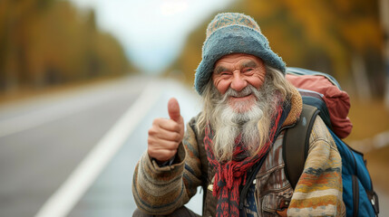 Old hippie vagabond man hitch hiking on side of the road, showing thumbs up with his right hand.