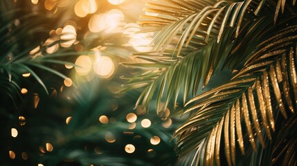 Naklejka na ściany i meble Lush tropical greenery with shimmering golden accents and soft bokeh lights create a magical and luxurious jungle ambiance..