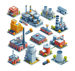 Power plant and substations isometry bundle. Energy production, heavy industry, various types of factory buildings, electricity production, technological facilities, nuclear energy hydroelectric units