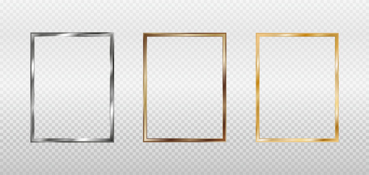 Gold, silver, bronze and copper rectangular frames for a picture or photo. 3d vector illustration isolated on transparent background.