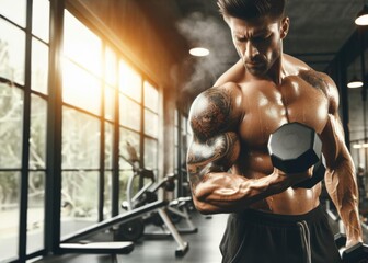 Fototapeta na wymiar Muscular man with tattoos without a shirt exercising with a dumbbell