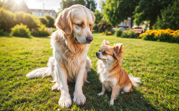 A touching moment between two dogs of different breeds enjoying the gentle embrace of the sunset. A large dog with golden fur sparkles in the sun as he looks down tenderly at his smaller furry friend