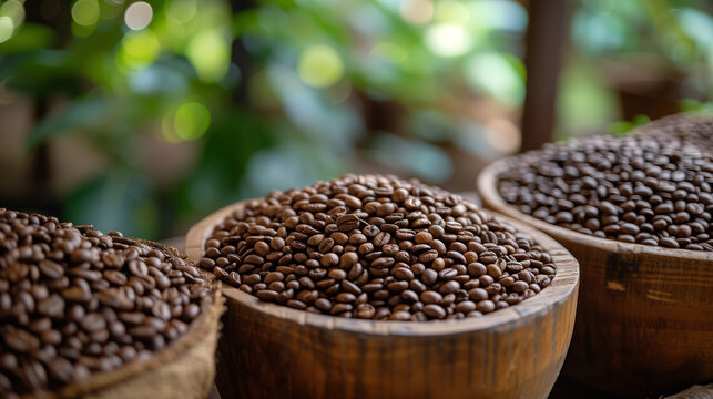 Bins full of freshly roasted coffee beans.