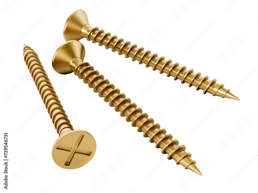 Poster brass wood screws isolated on transparent background. 3d illustration