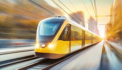 Naklejka premium Yellow tram with moves fast in the city. High speed passenger train in motion on railroad. 