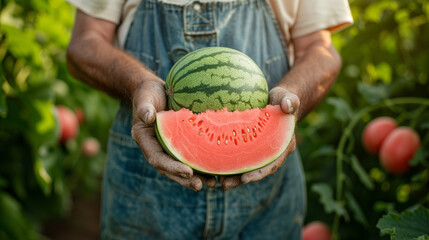 Farmer holding a fresh ripe sliced watermelon on the farm.