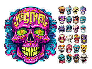 Fototapeta premium Skull stickers pack, bright trendy cartoon style. Grotesque characters with different emotions in many colors. Scribble design, modern vector graphics set. Isolated on white background