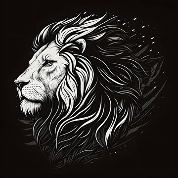 A lion head black and white flat drawing illustration logo