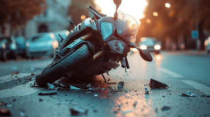 Traffic accident, motorcycle crashed. Laying in the middle of the street.  - obrazy, fototapety, plakaty