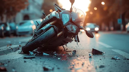 Fotobehang Traffic accident, motorcycle crashed. Laying in the middle of the street.  © Jammy Jean
