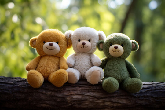 Three cute teddy bears in wite orange and green colors sit on a tree branch with a blurred nature forest background. Can be used for eco friendly and handmade toys.