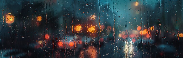 bokeh car lights in heavy rain seen from the window in the city - obrazy, fototapety, plakaty