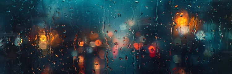 Foto op Aluminium bokeh car lights in heavy rain seen from the window in the city © Ivana