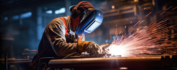 Woman welder in protective workwear in industrial factory.