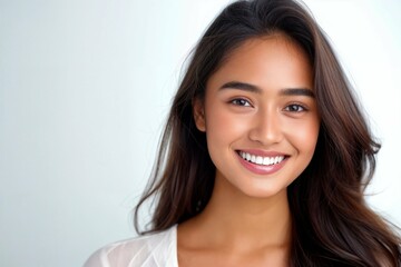Portrait of a radiant young asian indian woman with a beautiful smile, ideal for dental health promotions
