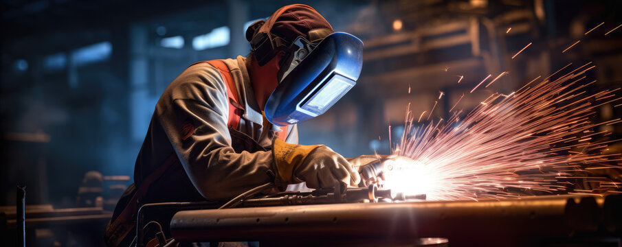 Woman welder in protective workwear in industrial factory.