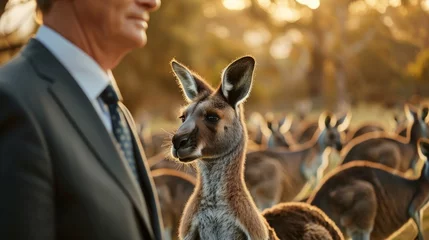 Fotobehang Businessman Posing Among Kangaroos in the Australian Outback Generative AI © Alex