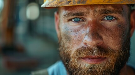 Bearded Construction Worker Portrait Generative AI - obrazy, fototapety, plakaty