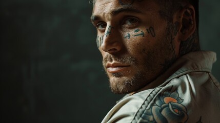 Tattooed Man in Prison Uniform - Close-up Graphic Generative AI