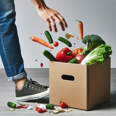 Vegetables discarded in a cardboard box. - obrazy, fototapety, plakaty