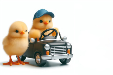 Chickens driving a car. Space for text.