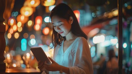 Young Asian woman using digital tablet connecting. Female holding tablet in hand while works on internet, - obrazy, fototapety, plakaty