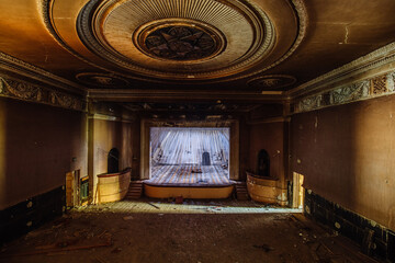 Old burnt creepy abandoned ruined haunted theater